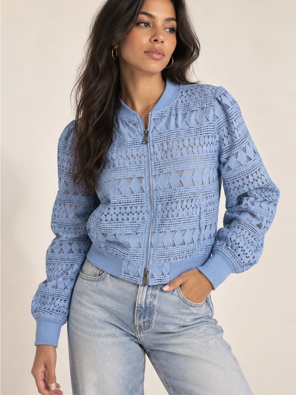 BCBGMaxAzria Sky Blue Lace Crochet Bomber Jacket Size Small